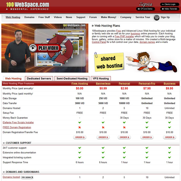 100WebSpace Web Hosting Plan Features 100WebSpace Web Hosting Plan Features