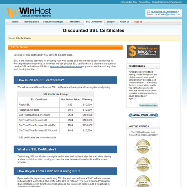 WinHost SSL Certificates